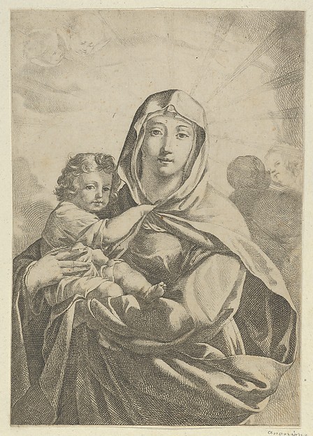 The Virgin standing facing front and holding the infant Christ, angels behind them in the clouds by Anonymous