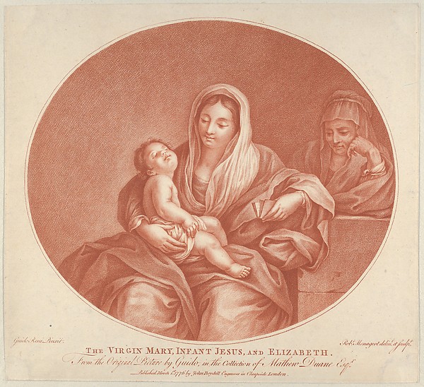 The Virgin seated with the infant Christ sleeping in her lap, Saint Elizabeth at right, an oval composition, after Reni by Robert Menageot