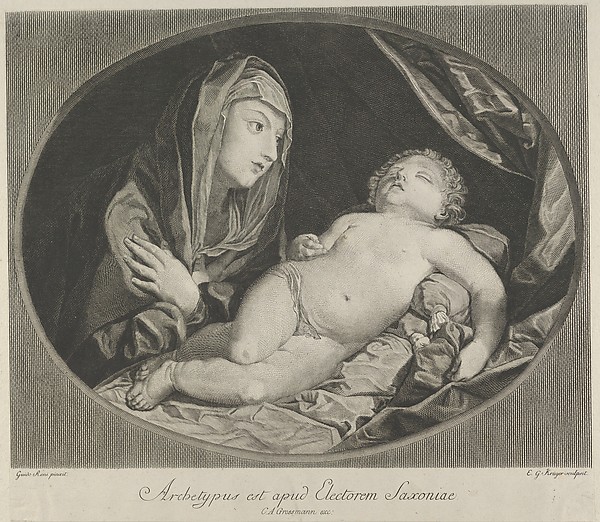 The Virgin with arms crossed over her chest looking at the sleeping infant Christ, in an oval frame, after Reni by Ephraim Gottlieb Krüger