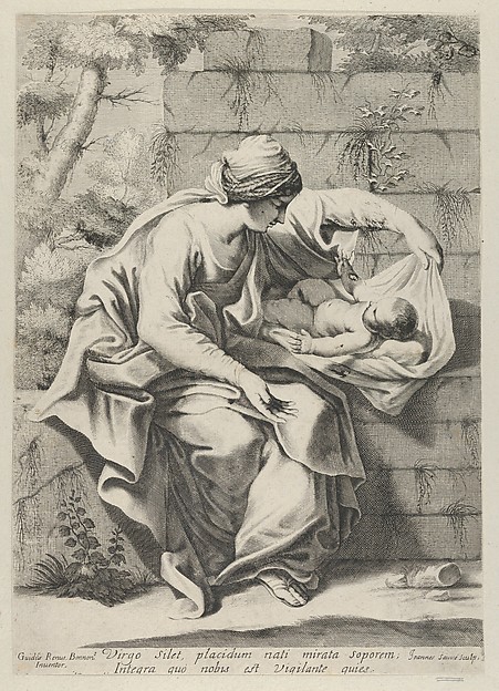 The Virgin seated on a stone ledge with the infant Christ lying on a cushion next to her, after Reni by Jean Sauvé