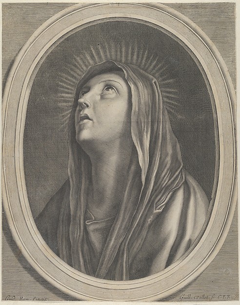 The Virgin looking up to the left, in bust length in an oval frame, after Reni by Guillaume Vallet