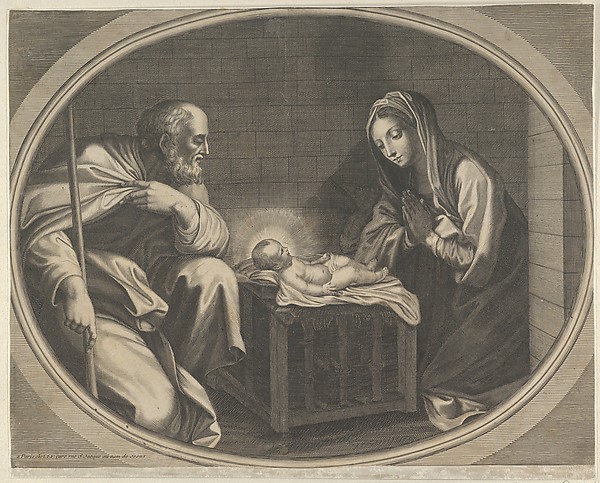 The Virgin kneeling in prayer before the infant Christ who is lying on a wooden box, Saint Joseph at left, a mule at right, in an oval frame, after Reni by Anonymous