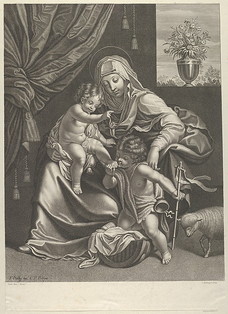 The Virgin seated with the infant Christ on her lap, the young Saint John the Baptist kneeling on Christ's cradle and kissing his foot, a lamb at right, after Reni by Jean Boulanger