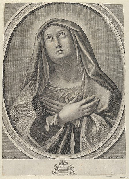 The Virgin with arms crossed over her chest, looking up to the left, in an oval frame, after Reni by Gilles Rousselet