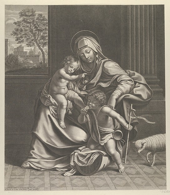 The Virgin seated with the infant Christ on her lap, the young Saint John the Baptist kneeling on Christ's cradle and caressing his foot, a lamb at right, after Reni by Guillaume Vallet