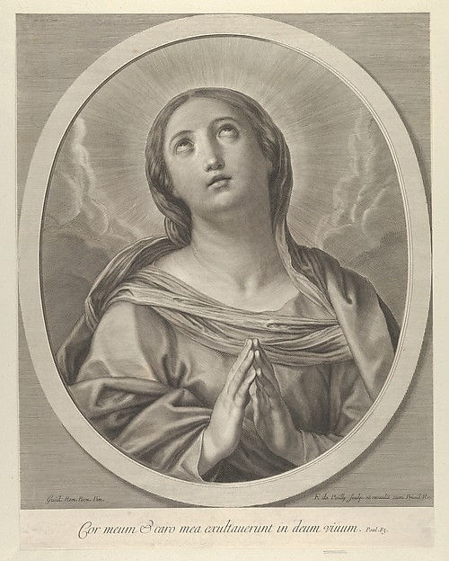 The Virgin in prayer, looking up with clouds behind her, in an oval frame, after Reni by Francois de Poilly