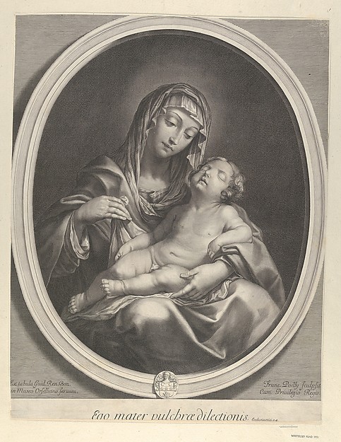The Virgin seated with the infant Christ sleeping in her lap, in an oval frame, after Reni by Francois de Poilly