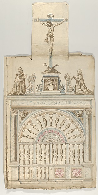 Design for a Choir Screen with Donor Statues flanking a Crucifix by Anonymous, Flemish