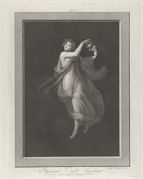 A bacchante, a garland on her head, and playing cymbals, set against a black background inside a rectangular frame