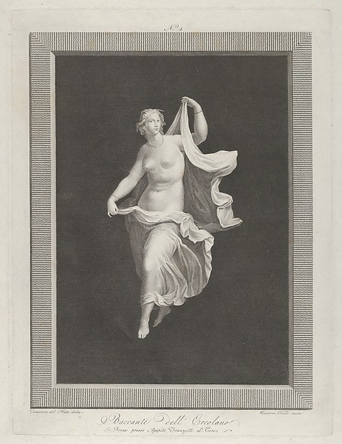 A partly nude bacchante stepping forward and holding ends of her drapery in each hand