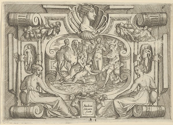 A man and woman offering a platter of coins to a king seated on a throne, set within an elaborate frame
