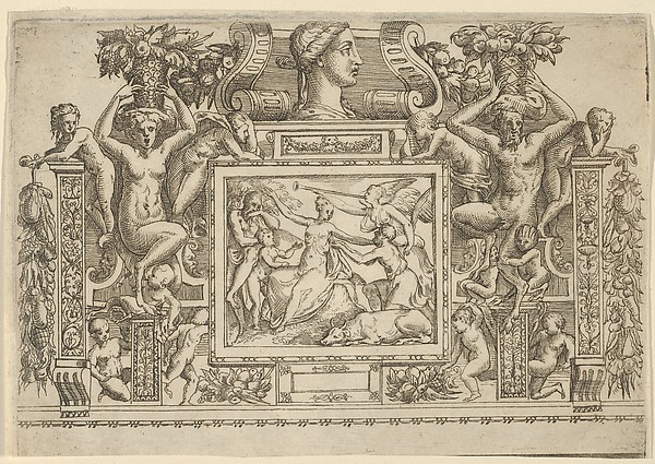 Woman seated with arms outstretched, personification of Fame with trumpet at right, set within an elaborate frame