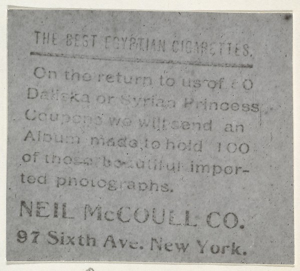 Facsimile of card verso, from the Actresses series (T123, Type 1), issued by Neil McCoull Co. by Neil McCoull Co., The Metropolitan Museum of Art