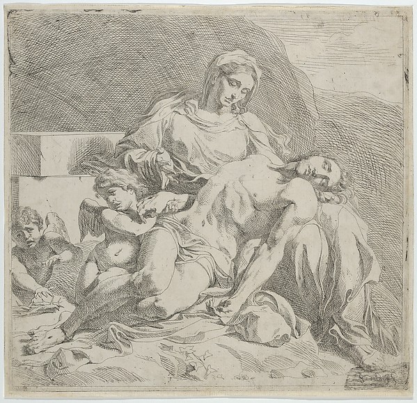 Pietà, the dead Christ supported by the Virgin, putti at the left