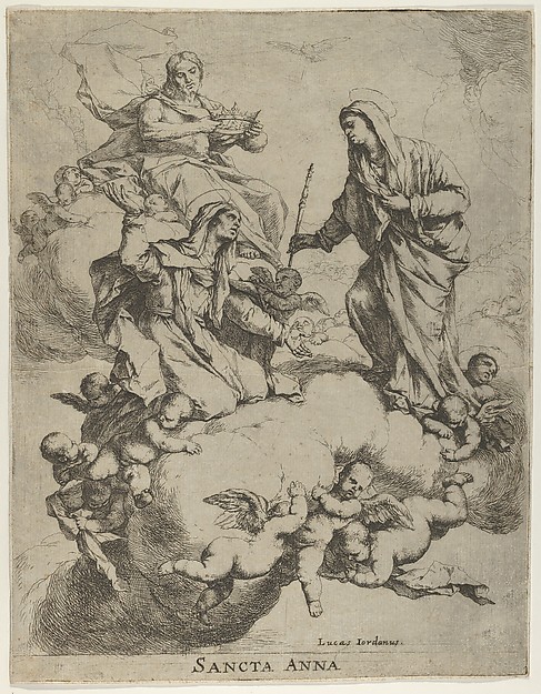 Christ holding a crown upper left, at right the Virgin receiving Saint  Anne in Heaven by Luca Giordano