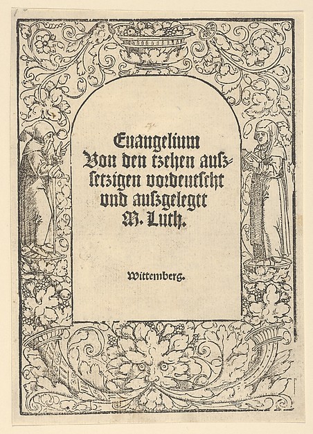 Title-Border with a Hermit and a Nun, Vase of Fruit, a Mask and Cornucopias