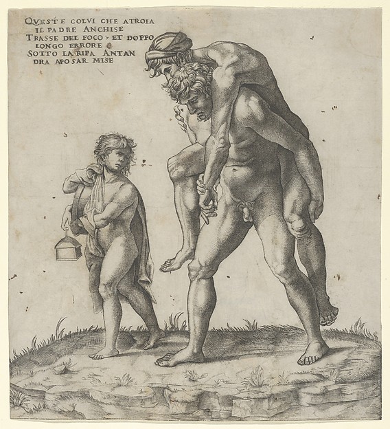 Aeneas rescuing Anchises, a young boy carrying a lantern at left