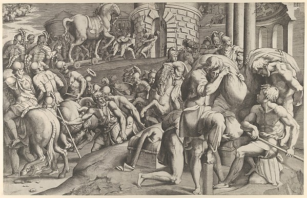 The Trojans hauling the wooden horse into Troy