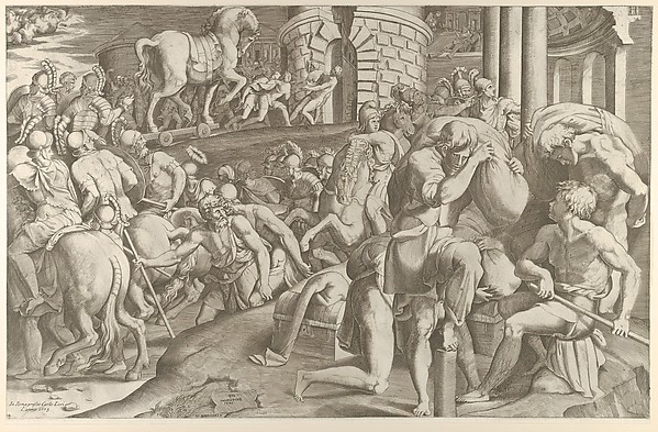 The Trojans hauling the wooden horse into Troy