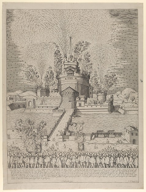 The firework display called 'Girandola' at the Castello Sant'Angelo in Rome, a nocturnal scene with fireworks issuing from the castle and a crowd of spectators in the foreground