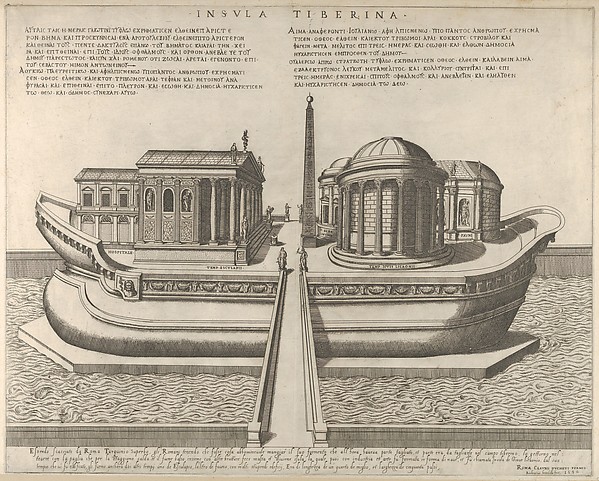 View of the Tiber Island represented as a ship, the Temple of Aesculapius at left