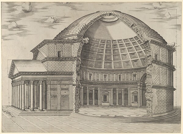 Reconstruction of the Pantheon in Rome, seen from the side, cut away to reveal the interior