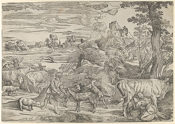Landscape with a milkmaid at right and a boy at left