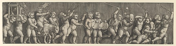 A frieze arrangement with a putto weating a laurel crown riding a goat at left and many infants playing musical instruments in front