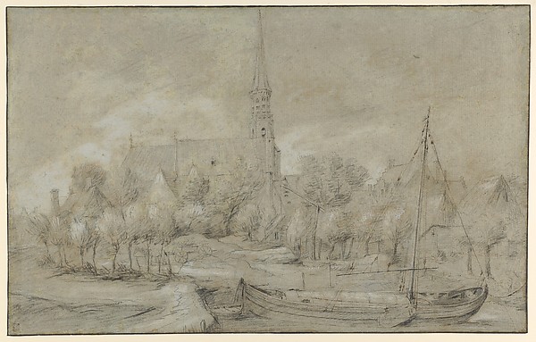 The Church of Saints Peter and Paul in Schelle, near Antwerp, seen from the North, with a Boat in the river Vliet