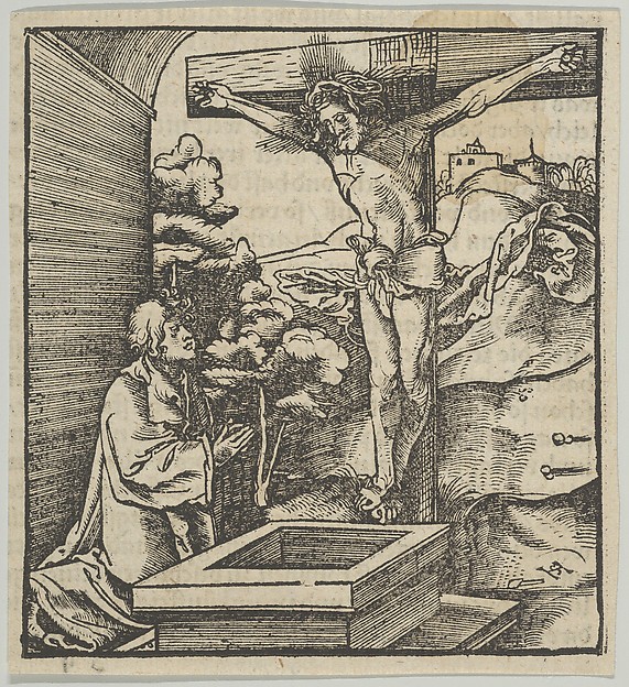 A Man Praying before a Crucifix, from Hymmelwagen auff dem, wer wol lebt... by Hans Schäufelein