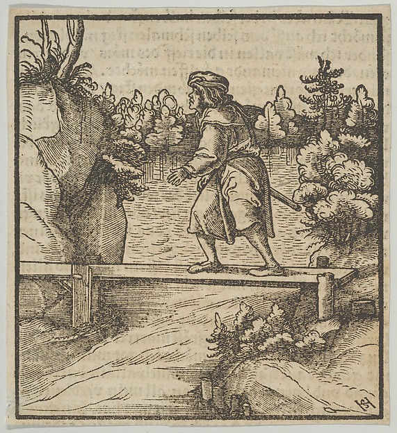A Man Crossing a Small Bridge, from Hymmelwagen auff dem, wer wol lebt...