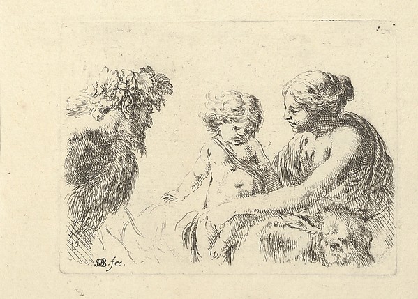 Plate 6: a woman at right holding her child who is sitting atop a donkey, a satyr at left looking towards the right, from 'Various figures and doodles' (Diverses figures et griffonnemens