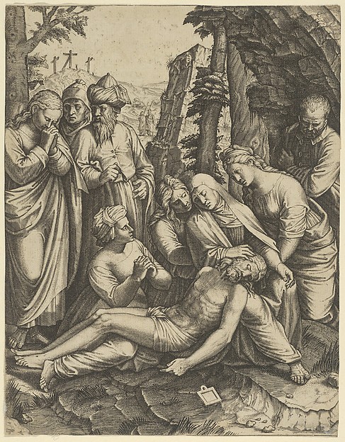 The lamentation of the dead Christ who is supported by the Virgin Mary and surrounded by other figures by Anonymous