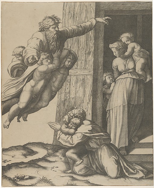 God carried by angels, appearing to Noah and his family, after the Flood