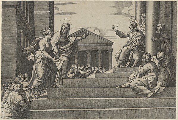 Martha leading Mary Magdalene up a flight of stairs to Christ who is seated at right at the entrance to a temple