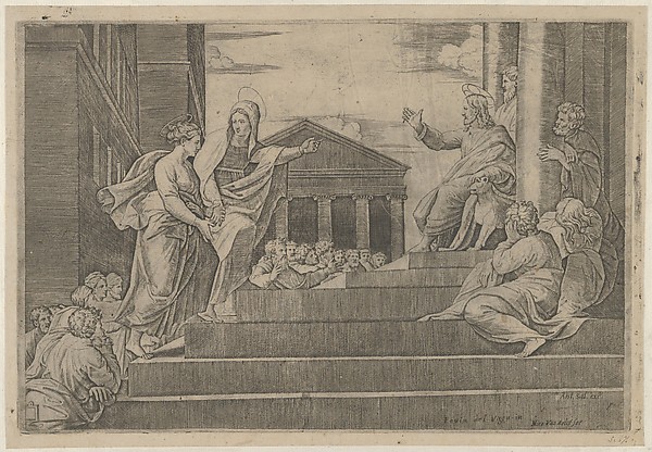 Martha leading Mary Magdalene up a flight of stairs to Christ who is seated at right at the entrance to a temple by Marcantonio Raimondi