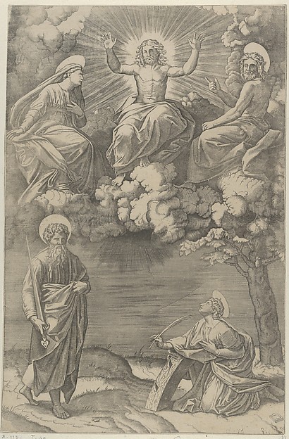 Christ flanked by the Virgin and St. John in the upper section, St. Paul and St. Catherine below by Marcantonio Raimondi