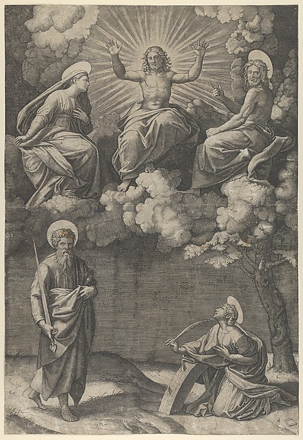 Christ flanked by the Virgin and St. John in the upper section, St. Paul and St. Catherine below