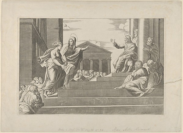 Martha leading Mary Magdalene up a flight of stairs to Christ who is seated at right at the entrance to a temple