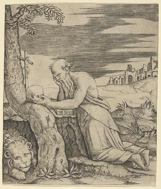 St Jerome kneeling before a crucifix, a skull in his left hand, a lion laying at the left by Marcantonio Raimondi