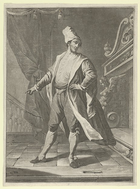 Man in Venetian costume standing before a large fireplace, right arm outstretched