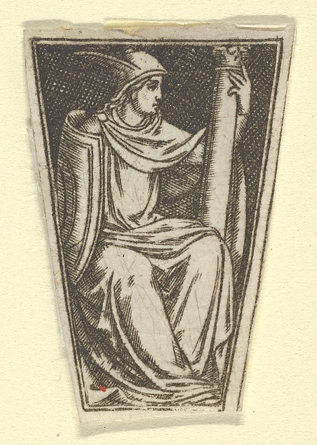 The cardinal virtue of Fortitude represented by a seated woman, her right hand on a column  (possibly a modern impression)