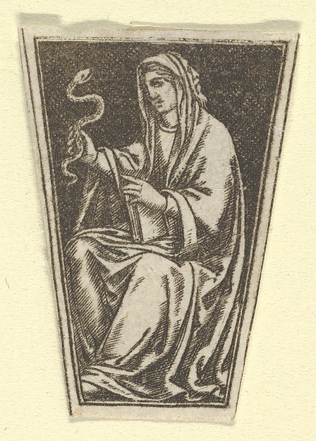 The cardinal virtue of Prudence represented by a seated woman holding a snake in her right hand  (possibly a modern impression)
