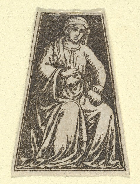 The cardinal virtue of Temperance represented by a seated woman pouring wine(?) from one jug into another  (possibly a modern impression)