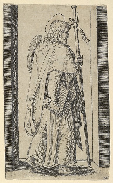 Saint James Major, book is his right hand, staff in his left facing right, from "Piccoli Santi" (Small Saints)