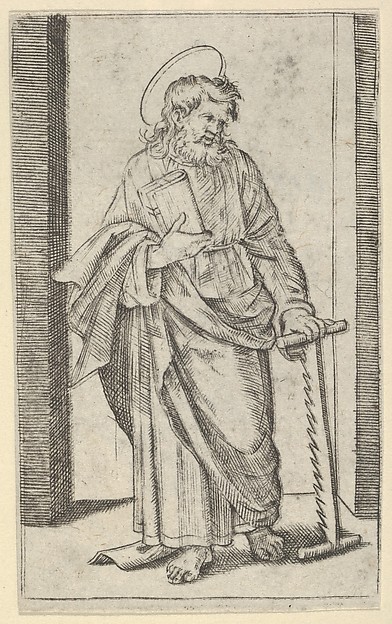 Saint Simon, a saw in his lowered left hand, from "Piccoli Santi" (Small Saints)