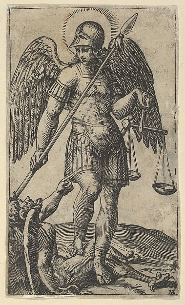 Saint Michael holding scales and a lance, a demon beneath him, from "Piccoli Santi" (Small Saints) by Marcantonio Raimondi