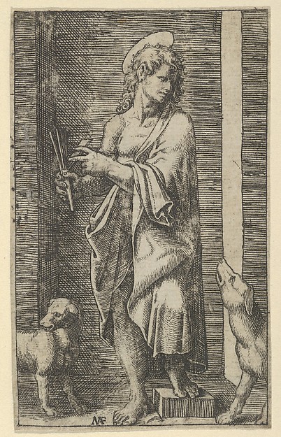St Lazarus flanked by two dogs, from "Piccoli Santi" (Small Saints) by Marcantonio Raimondi