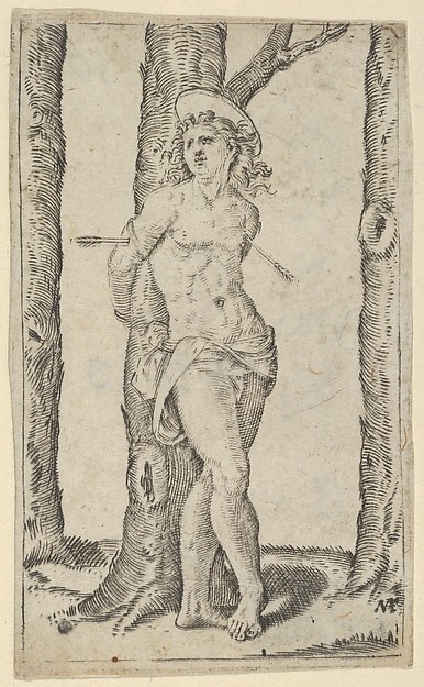 Saint Sebastian tied to tree pierced with arrows, from "Piccoli Santi" (Small Saints) by Marcantonio Raimondi