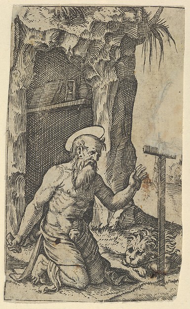 Saint Jerome kneeling before a crucifix, from "Piccoli Santi" (Small Saints) by Marcantonio Raimondi